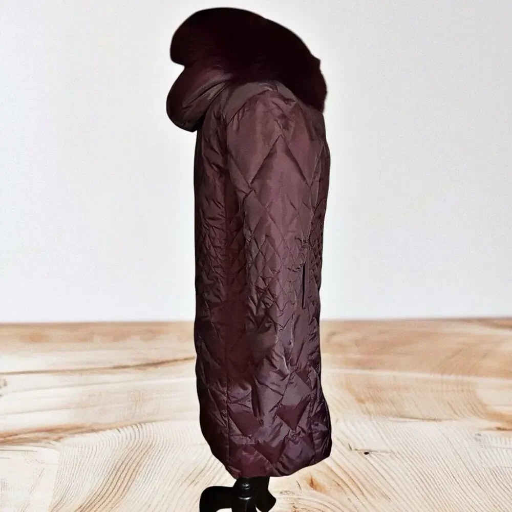 Vintage Regency Down Puffer‎ Coat Sz S Plum Fur Trim Hood Diamond Quilting $490